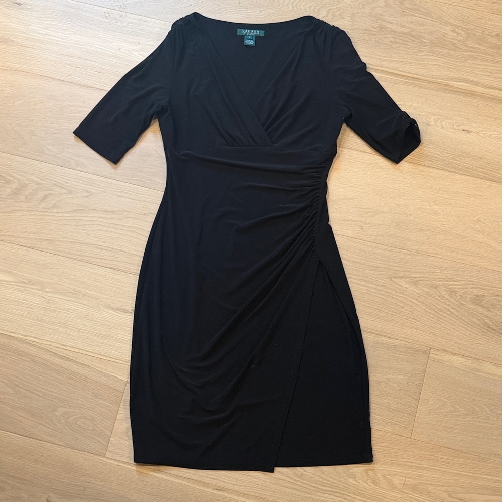 Lauren Ralph Lauren Black Faux-Wrap Midi Dress - size 6